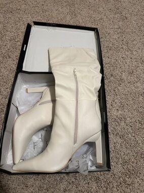 Lulu's Ivory Pointed-Toe Mid-Calf Heeled Boots